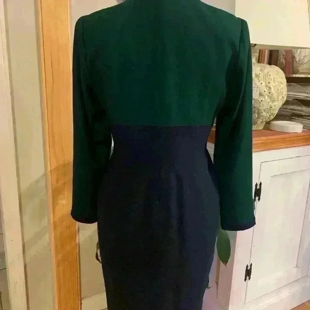 Vintage Gillian Petites Jacket Dress Wool Color Block Fully Lined Green  Navy. - Picture 5 of 14